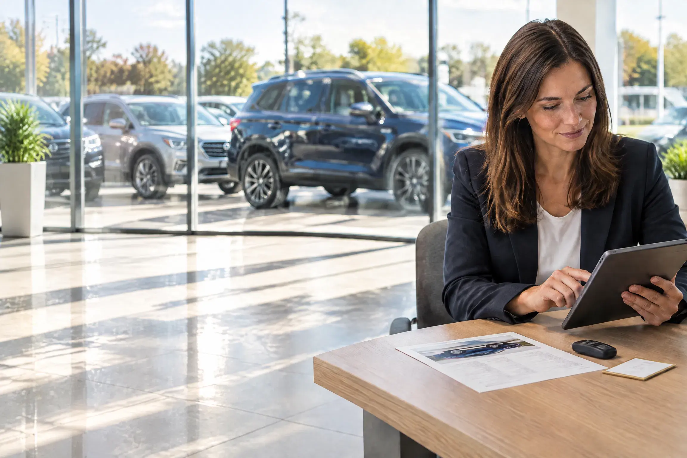 Person working on a computer in a car dealership