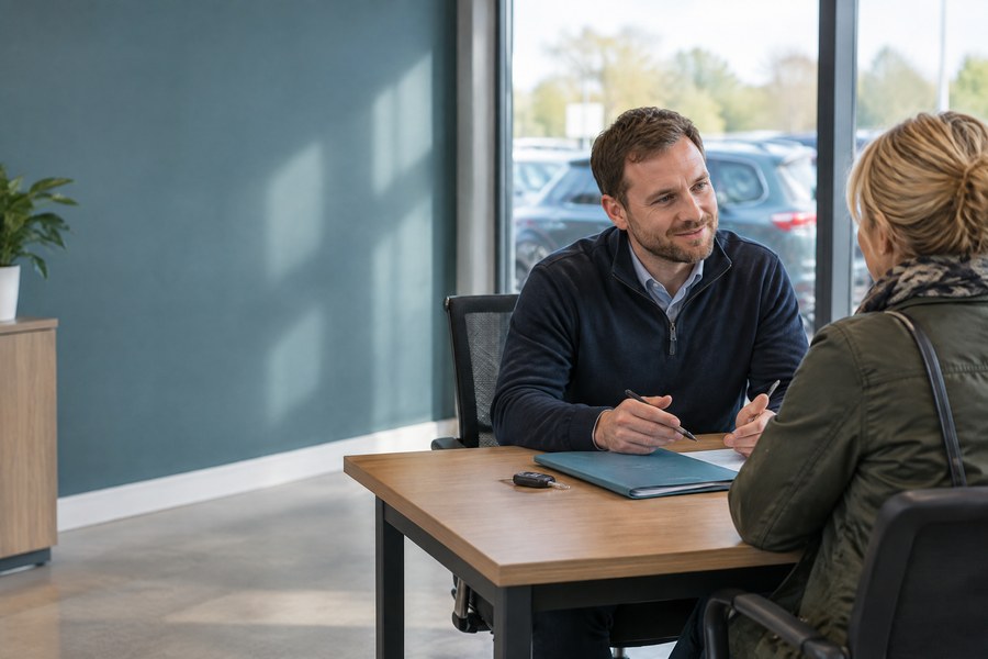A car dealer talking to a customer.