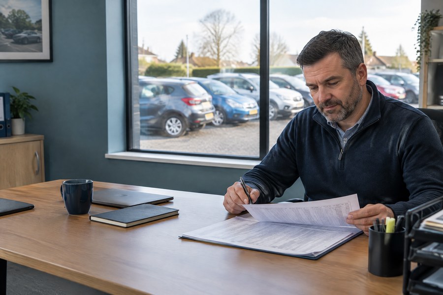 A car dealer examining reports