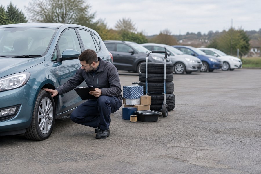 A car dealer inspecting a vehicle in stock.